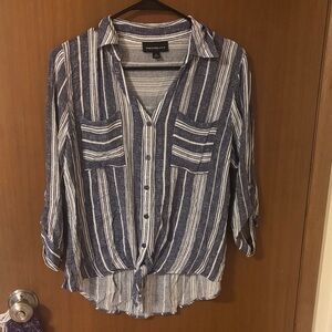 Fortune and Ivy Navy and White Striped Button Down Shirt 3/4 length sleeves